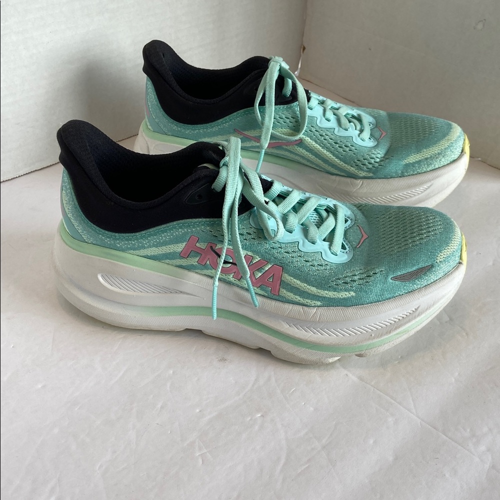 HOKA One One Bondi 9 Running Athletic Shoes Size 6.5 B Blue Spark Mint Fluorite - Picture 4 of 12
